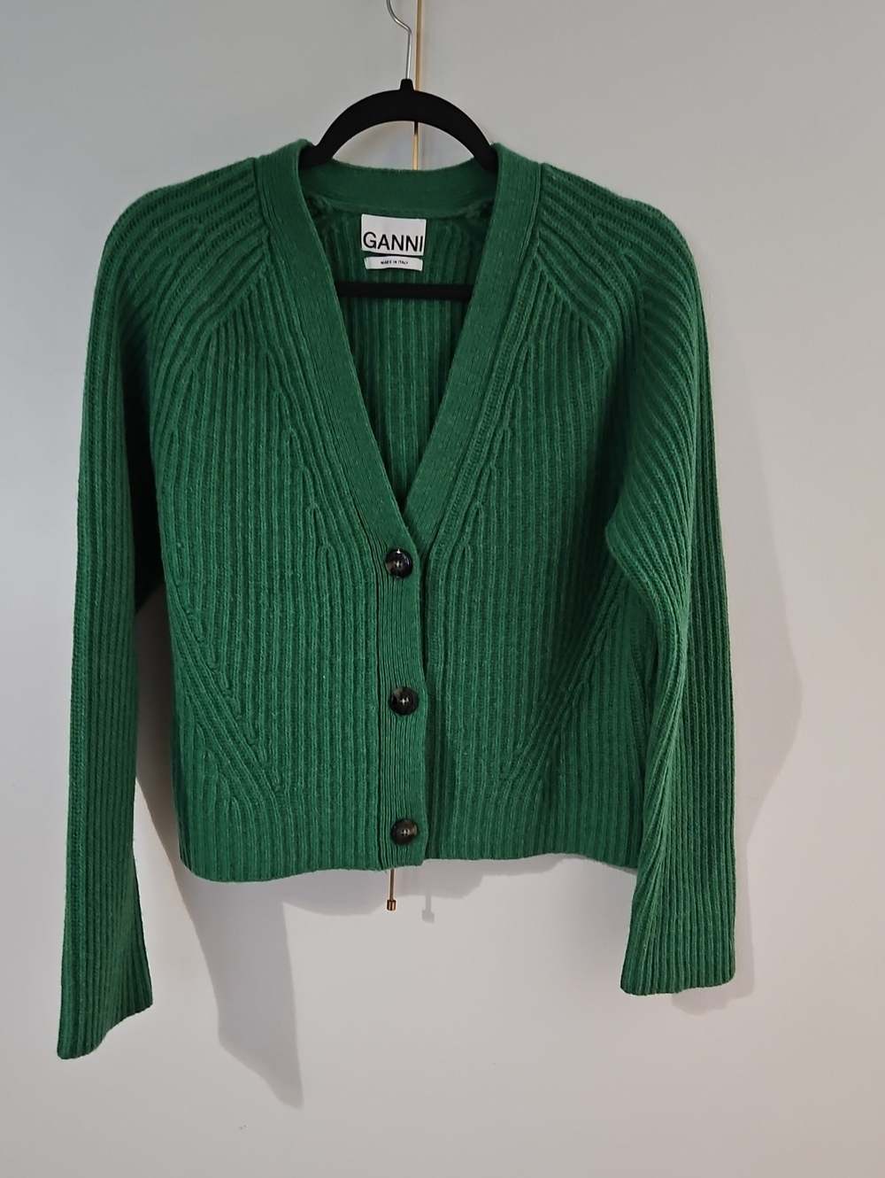 Ganni Emerald Green Ribbed V‑Neck Button Cardigan